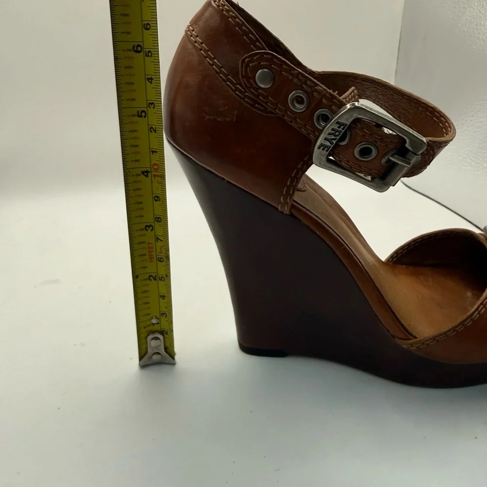Frye Brown Leather Buckle Wedge Sandals